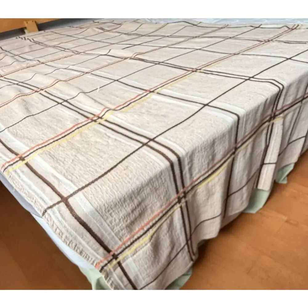 Vintage 1970s Sears Toughcord Twin Bedspread 76x110 Beige Brown Orange Stripe